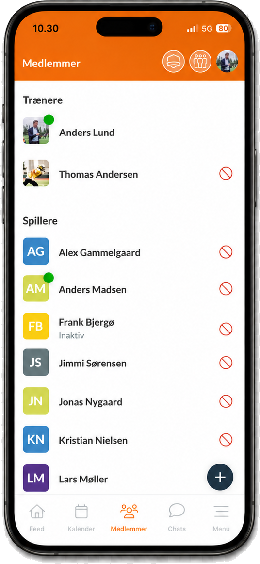 Holdsport-appen: medlemsoversigt med trænere og spillere